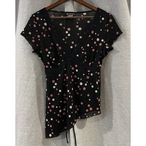 Vintage 90s Y2K Self Esteem Pink Floral Top Asymmetric Hem Polka‎ Dot Lace